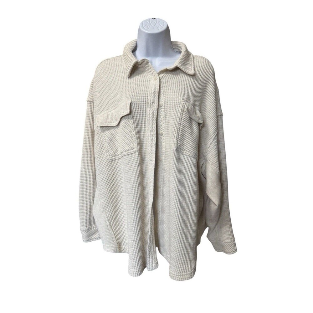 Aerie Lumberjane Waffle Knit Shirt Oversized Cozy Layer Size Large Cream - Picture 2 of 8